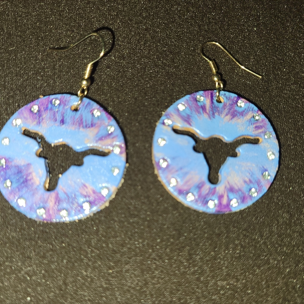 Real leather round cut out long horn cow earings with rhinestones purples & blue